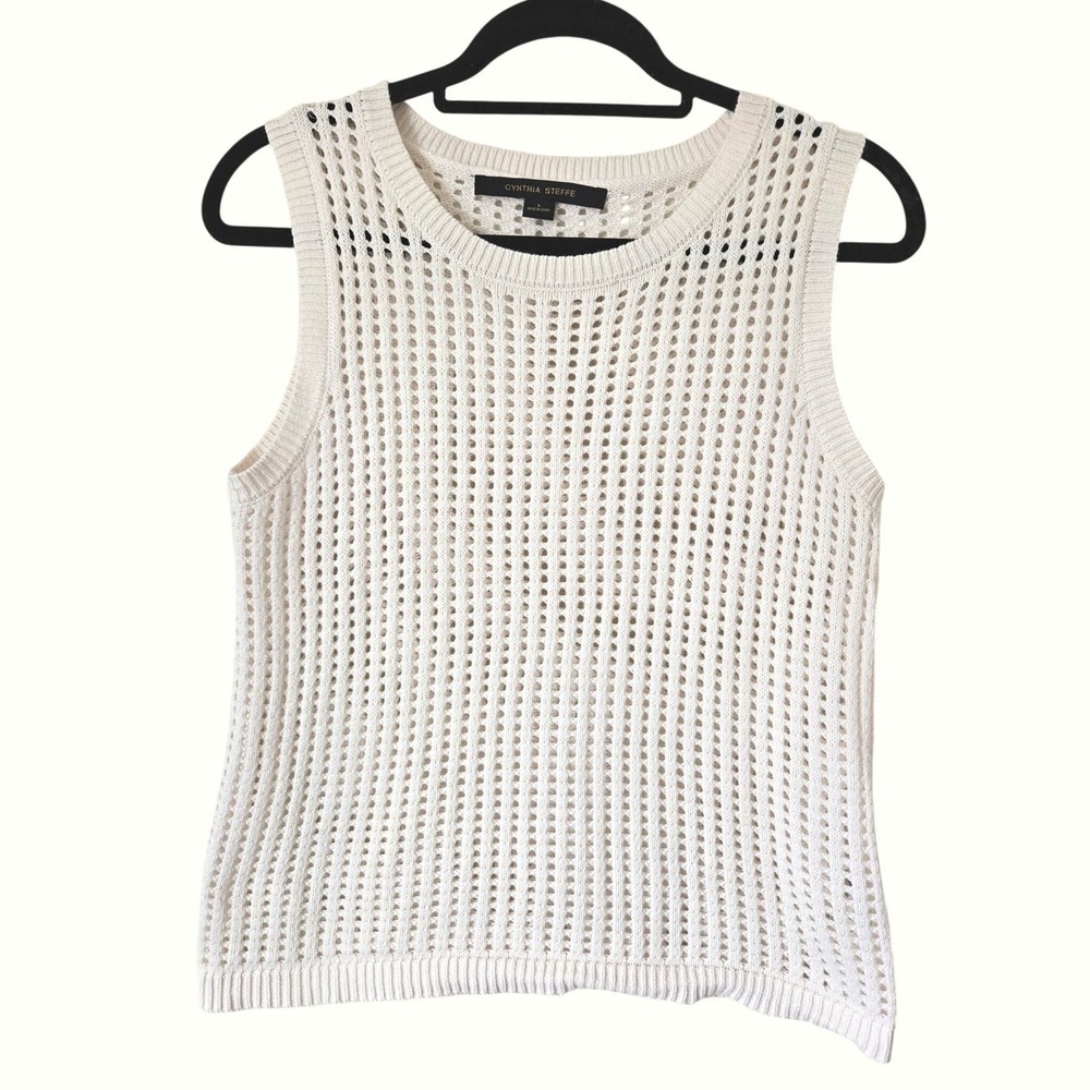 Cynthia Steffe Women Cream 100% Cotton Open Knit Crochet Sleeveless Tank Top S